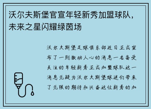 沃尔夫斯堡官宣年轻新秀加盟球队，未来之星闪耀绿茵场