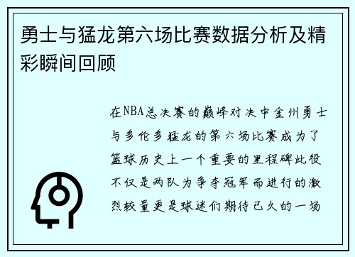 勇士与猛龙第六场比赛数据分析及精彩瞬间回顾