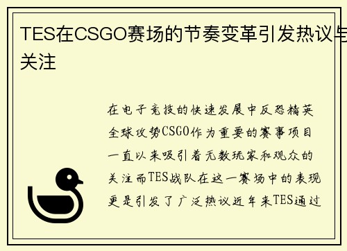TES在CSGO赛场的节奏变革引发热议与关注