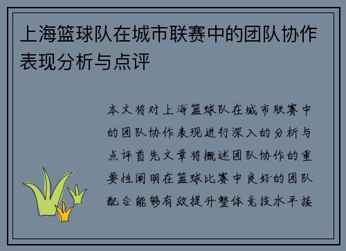 上海篮球队在城市联赛中的团队协作表现分析与点评
